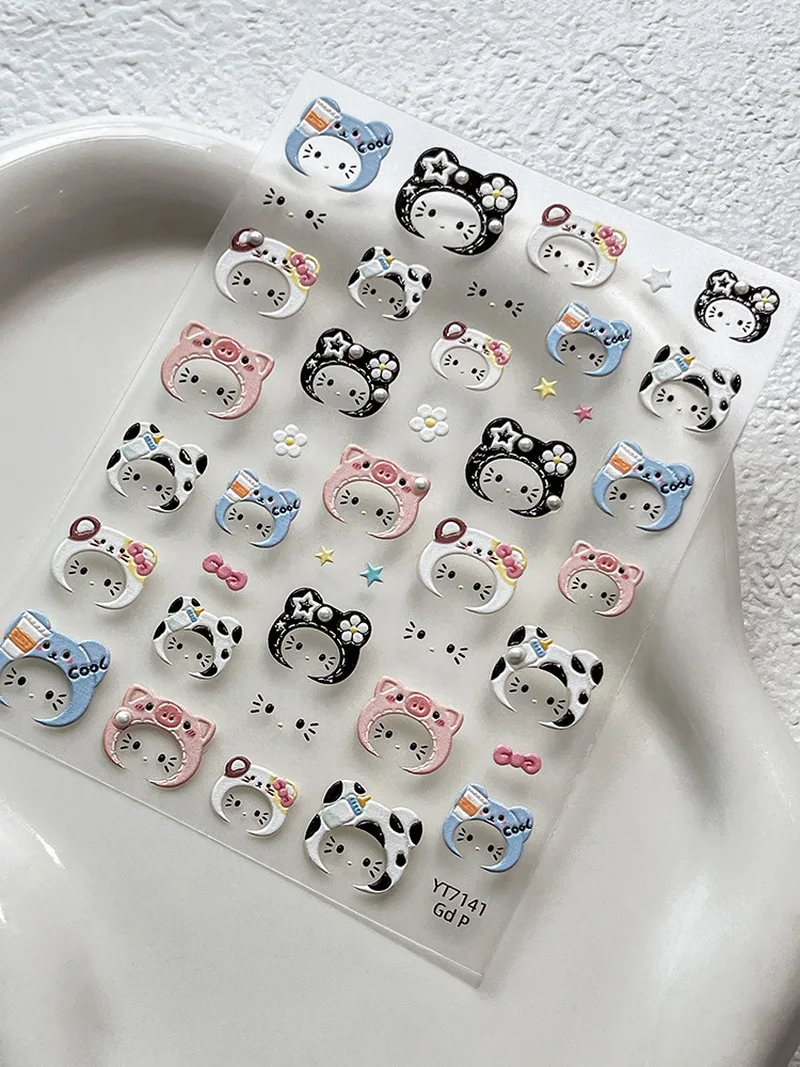 Gato dos desenhos animados kt fone de ouvido pérola geléia bonito leopardo impressão decorativa arte do prego adesivos alto valor estético brinquedo & hobby adesivo