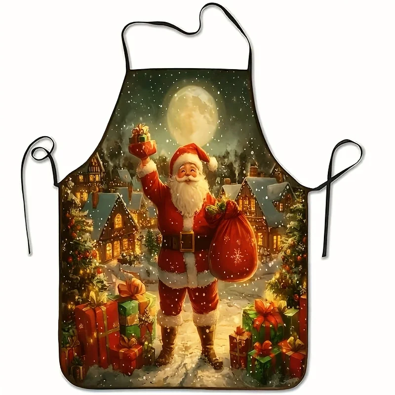 1pc Extra Large Christmas Apron! Decorated with a Santa Claus Snow Village Pattern, Adorned with a Gift House and the Moon