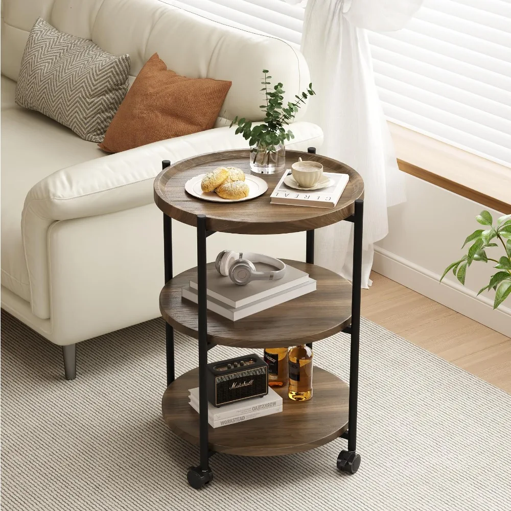 

Side Table, 3-Tier Modern End Table with Wheels, Small Round Nightstand Bedside Table for Living Room, Bedroom, or Small Spaces