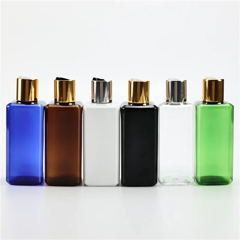

Square 200ML X 30 White Black Plastic Lotion Bottle With Gold Disc Cap Essential Oil Cosmetic Packaging Shampoo Travel Container