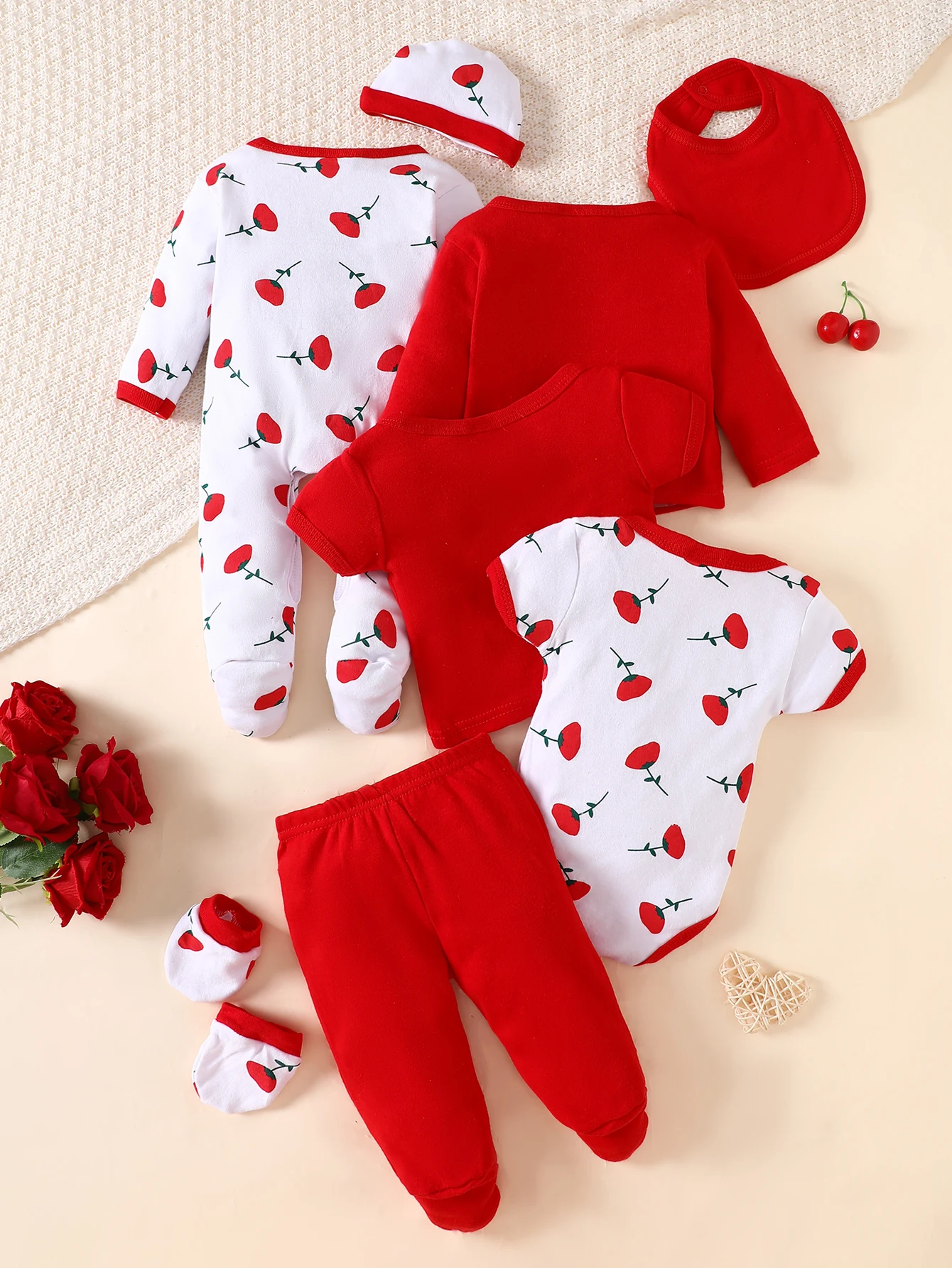 0-9M Newborn Baby Girl 8 Pieces Clothes Set Red Strawberry Cherry Print Rompers Soft Cotton Infant Gift Outfit