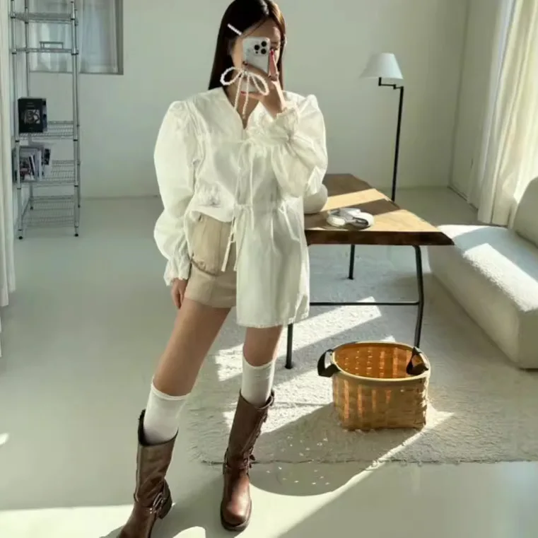 

Women's Casual V Neck Drawstring Babydoll Shirt, Long Sleeve Puff Sleeve Loose Blouse, Daily Comfy Top