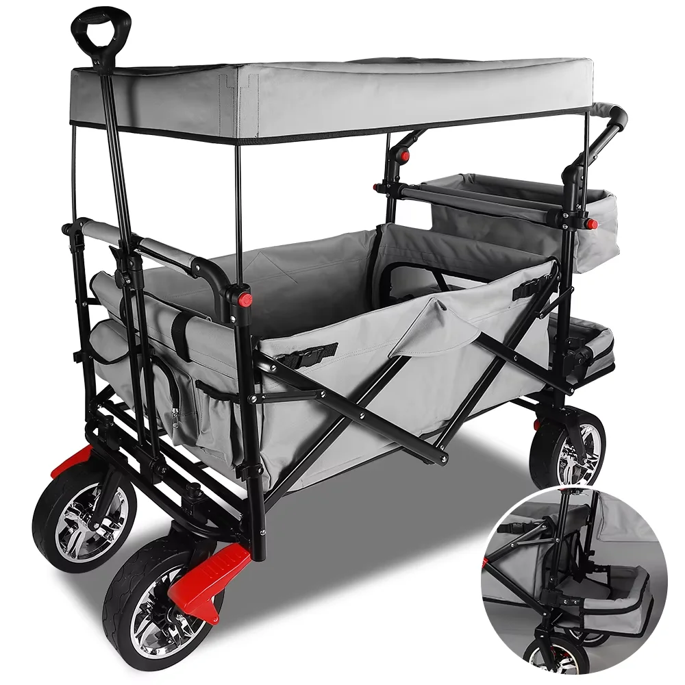 Zusammenklappbarer Gartenwagen Camping-Trolley mit Dach, Rädern und Bremse für Einkauf, Park, Picknick, Strand und Outdoor-Camping