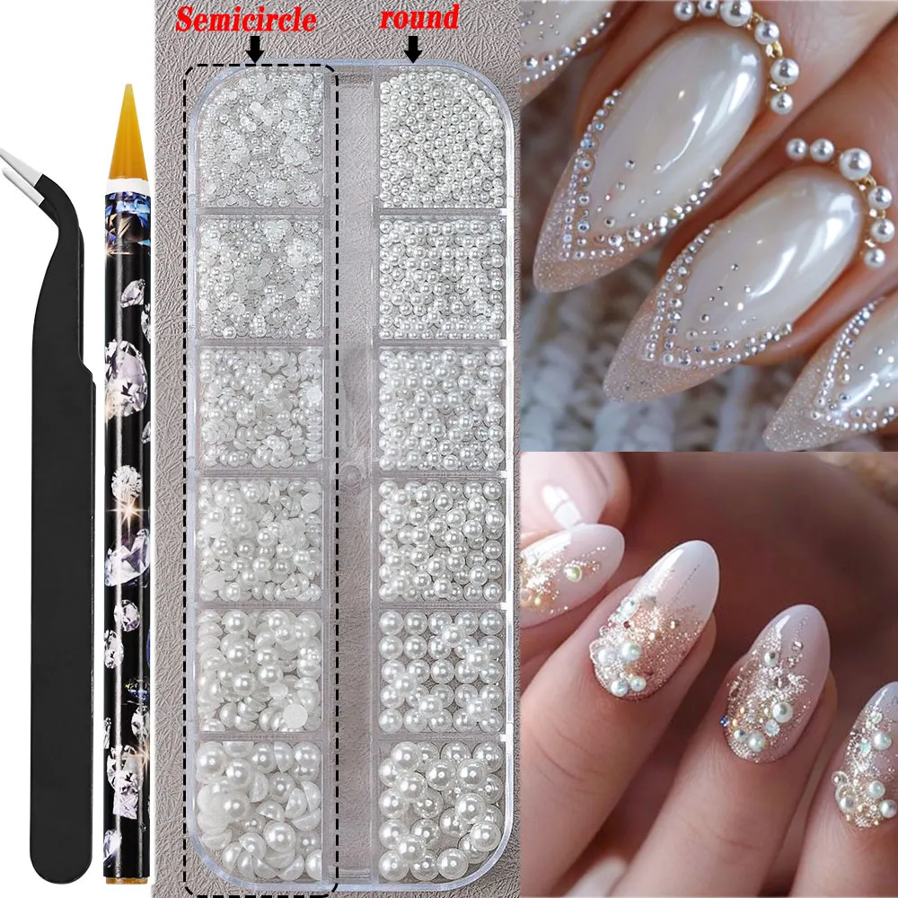 12 Gitter halbrunde Perlen Perlen 3D Nagel Charms 1,5/2/2,5/3/4/5 mm weiße Flatback Perlen Nagel Schmuck Nagel Handwerk Perlen Strasssteine