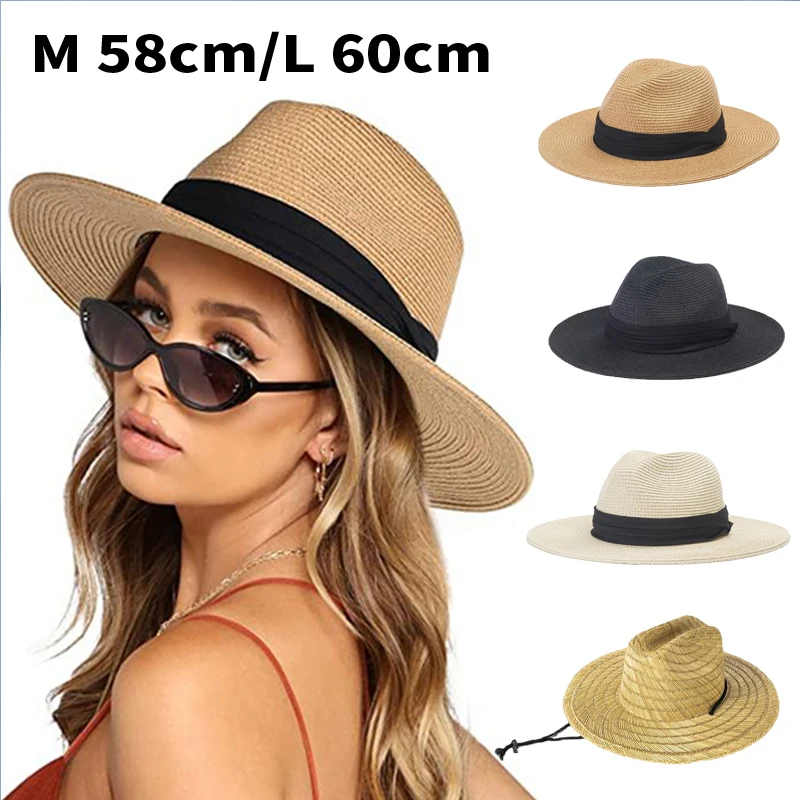 Large Size 56-58 59-60cm New Natural Panama Straw Hat Summer Men Women Wide Brim Beach UV Protection Fedora Sun Hat Wholesale