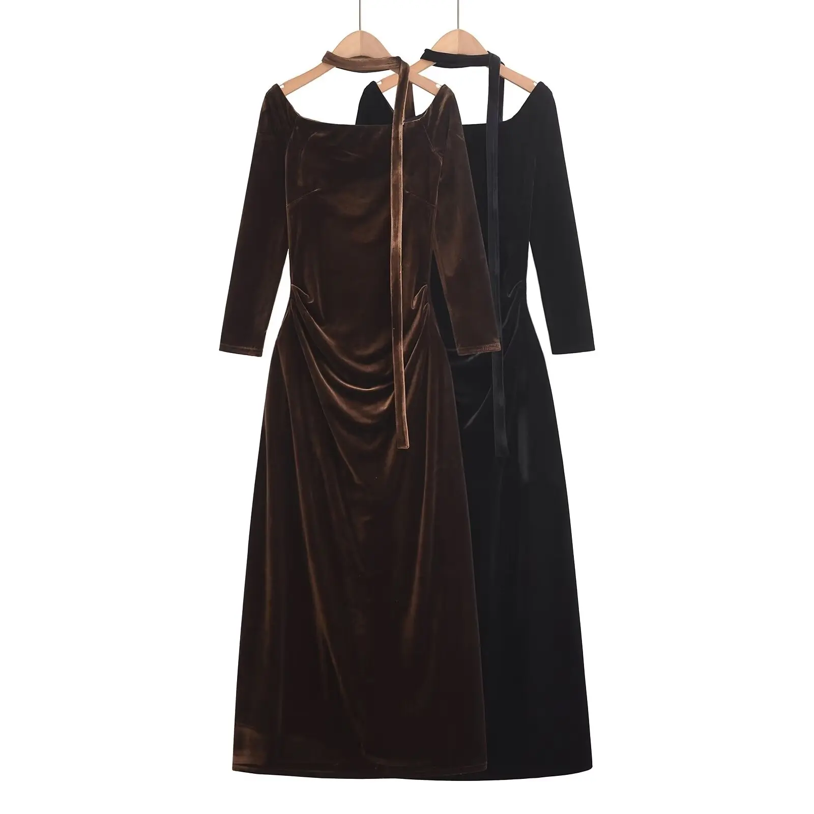 2 colors Sexy Slash Collar Off Shoulder Velvet Dress Women Long Sleeve Ruched Waist Package Hips Midi Robe Coffee Black