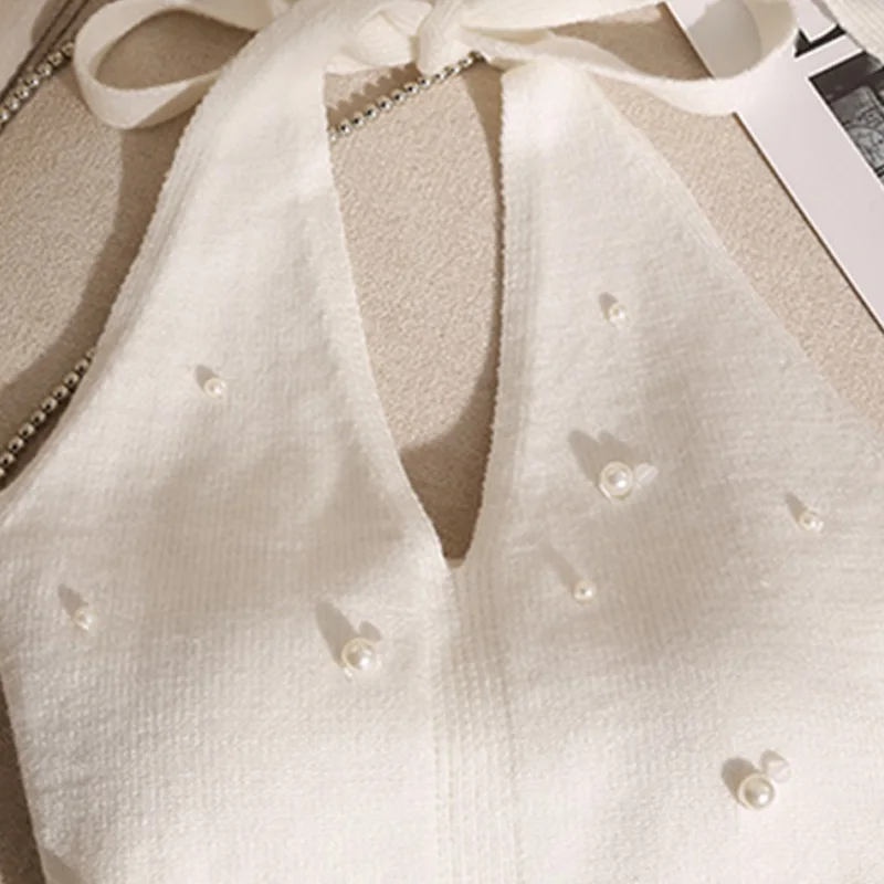 Modische französische Perlenweste mit Neckholder-Ausschnitt und Knoten am Rücken, gestrickt, für Damen – Detail 12