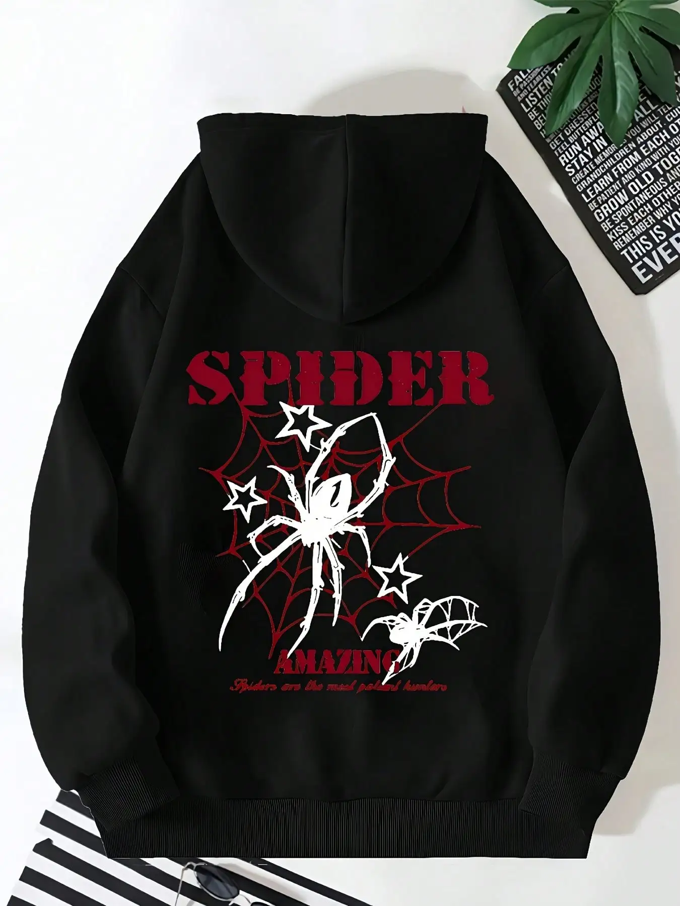 Men's Gothic Spider Web And Bat Pattern Hoodie - Black With Colored Spider Print, Casual Street Style Pullover With Pockets, Gothic Lettering And