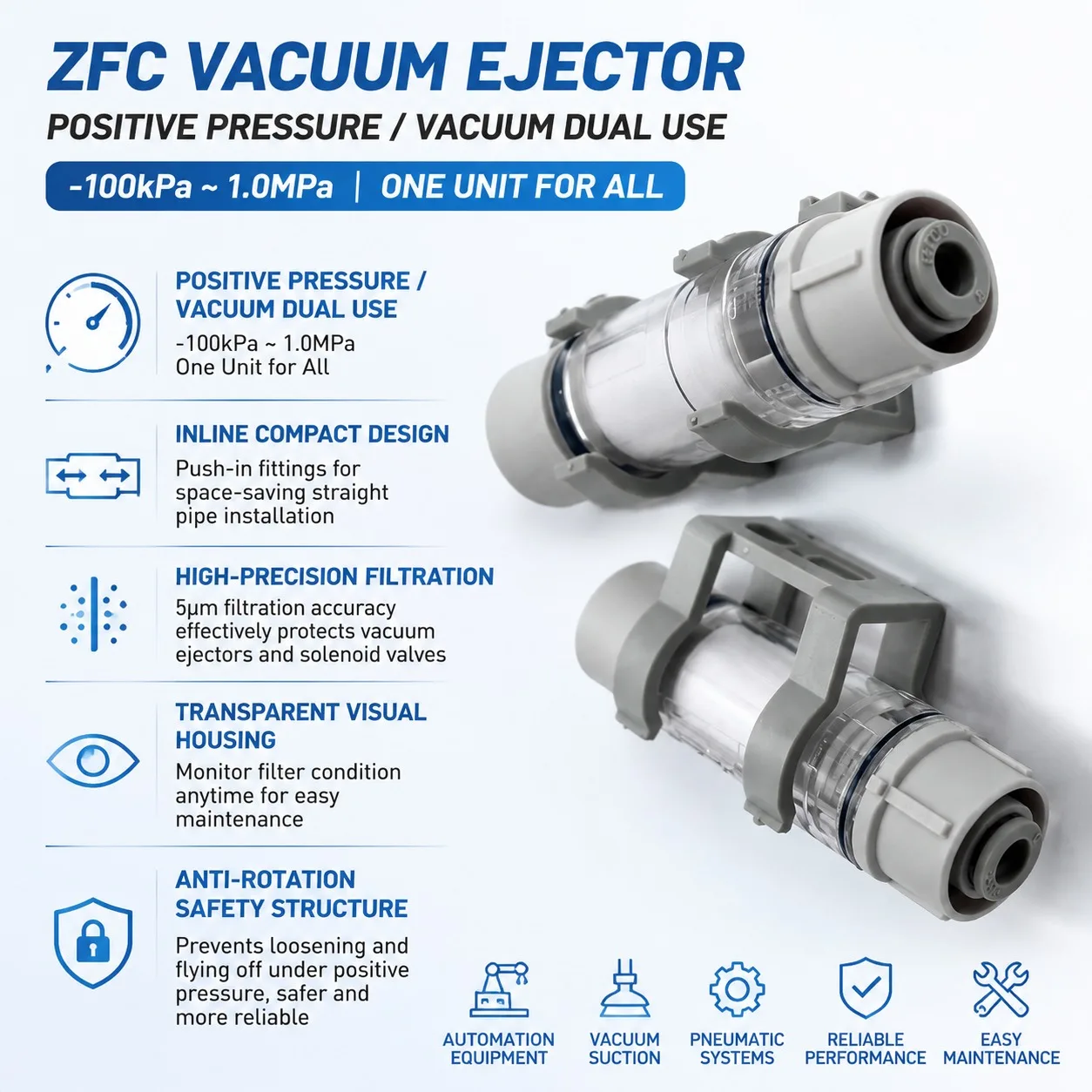 Filtre à vide pneumatique de type pipeline ZFC050-03B ZFC050-04B ZFC100-04B ZFC100-06B ZFC200-06B ZFC200-08B ZFC200-10B ZFC53-B ZFC