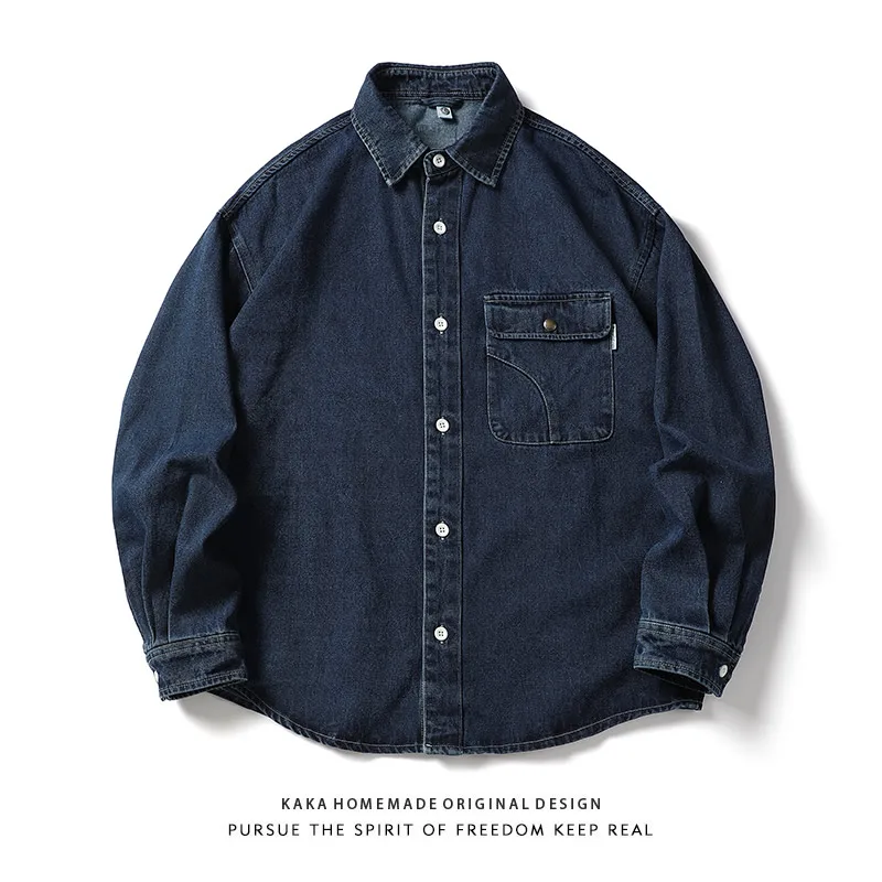 

Retro Japanese Style Long Sleeve Denim Shirt Men's Loose Casual Outerwear Spring Autumn Youth Brand Pocket Workwear Coat