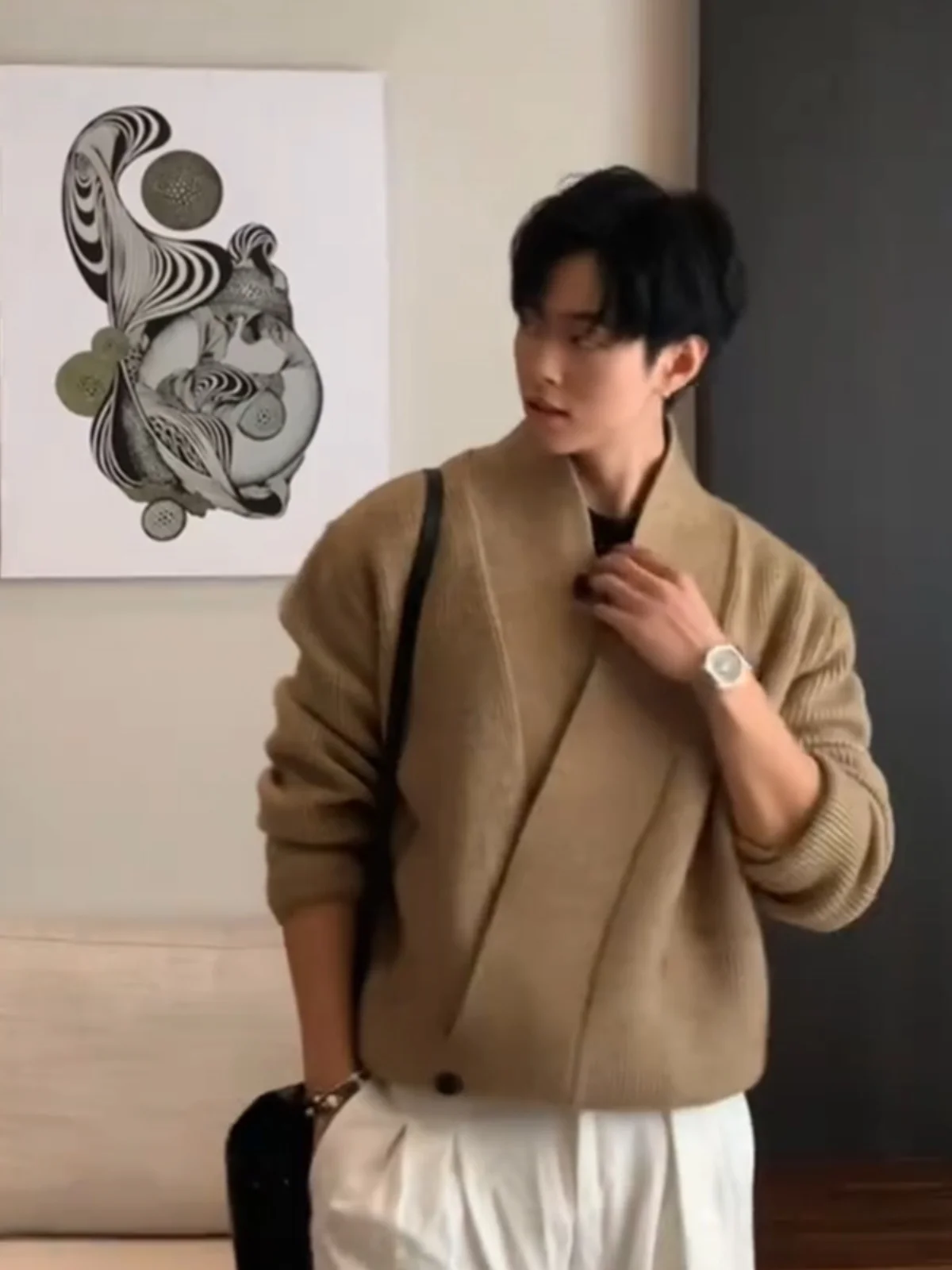 

Autumn Winter Men's Knitted Cardigan with Slant Button Design in Camel Color Lazy Sle Casual Faion Outerwear Coat