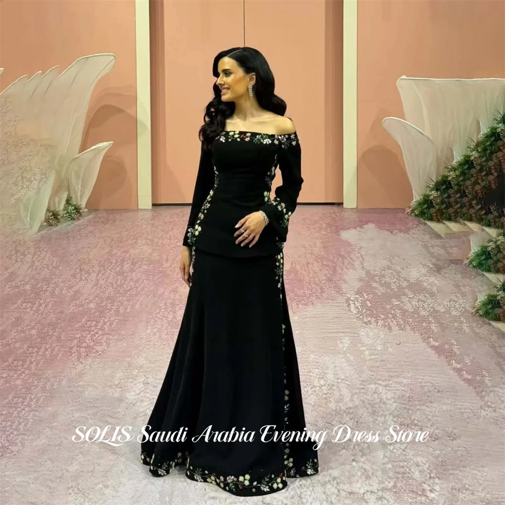 

SOLIS Black Prom Dresses Off the Shoulder Evening Dress Long Sleeve Party Dress Embroidery Flowers vestidos de fiesta Customized