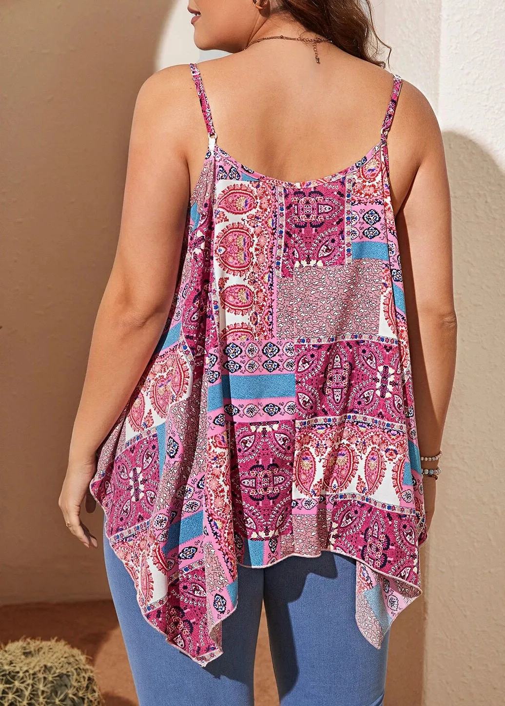 

Women's Plus Size Boho Paisley Print Cami Top Spaghetti Strap V Neck Irregular Hem Loose Summer Beach Vacation Casual Blouse