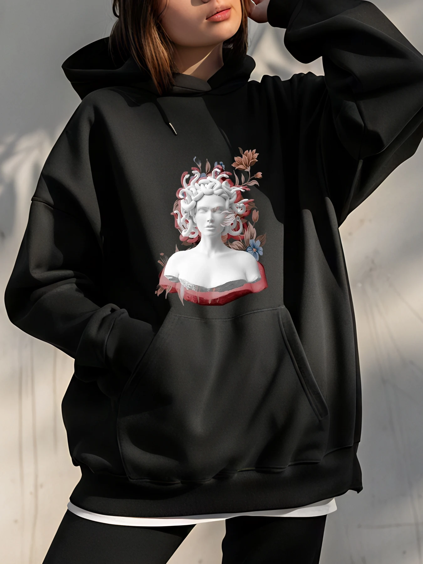 

Женская толстовка с капюшоном, классическая богиня, бюст, цветочный принт, повседневная уличная одежда, модная толстовка для женщин