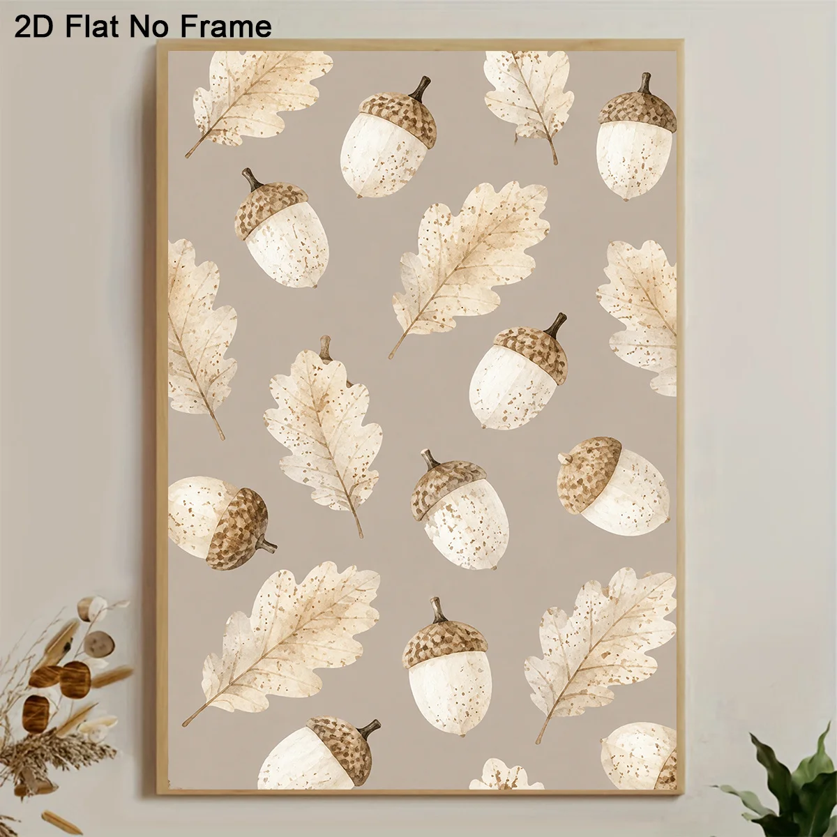 2D Flat, 1pc Modern Minimalist Frameless Vertical Canvas Poster - Autumn Beige Watercolor Oak Leaf & Acorn Wall Art Painting,
