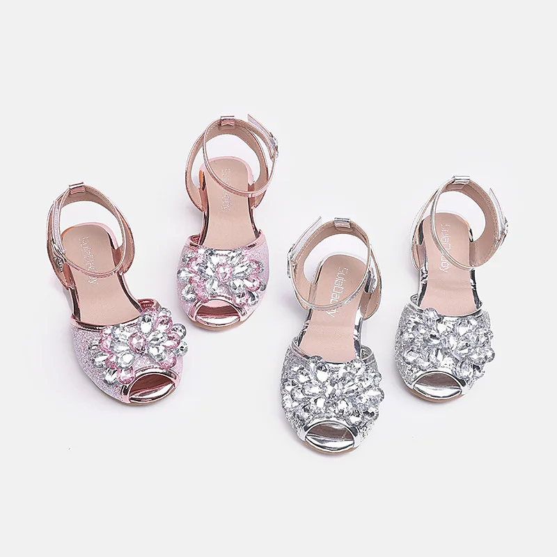 Girls Princess Sandals Summer Chic Glitter Rhinestone Children's Dress Shoes For Wedding Party Kids Perform Low Heel Sandals