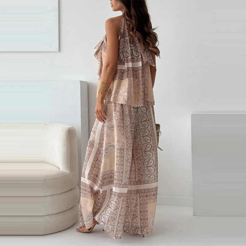 

Женский комплект для пляжного отдыха, модные плиссированные топы без рукавов с принтом и широкие брюки, костюмы, летние повседневные свободные комплекты из 2 предметов для поездок на работу