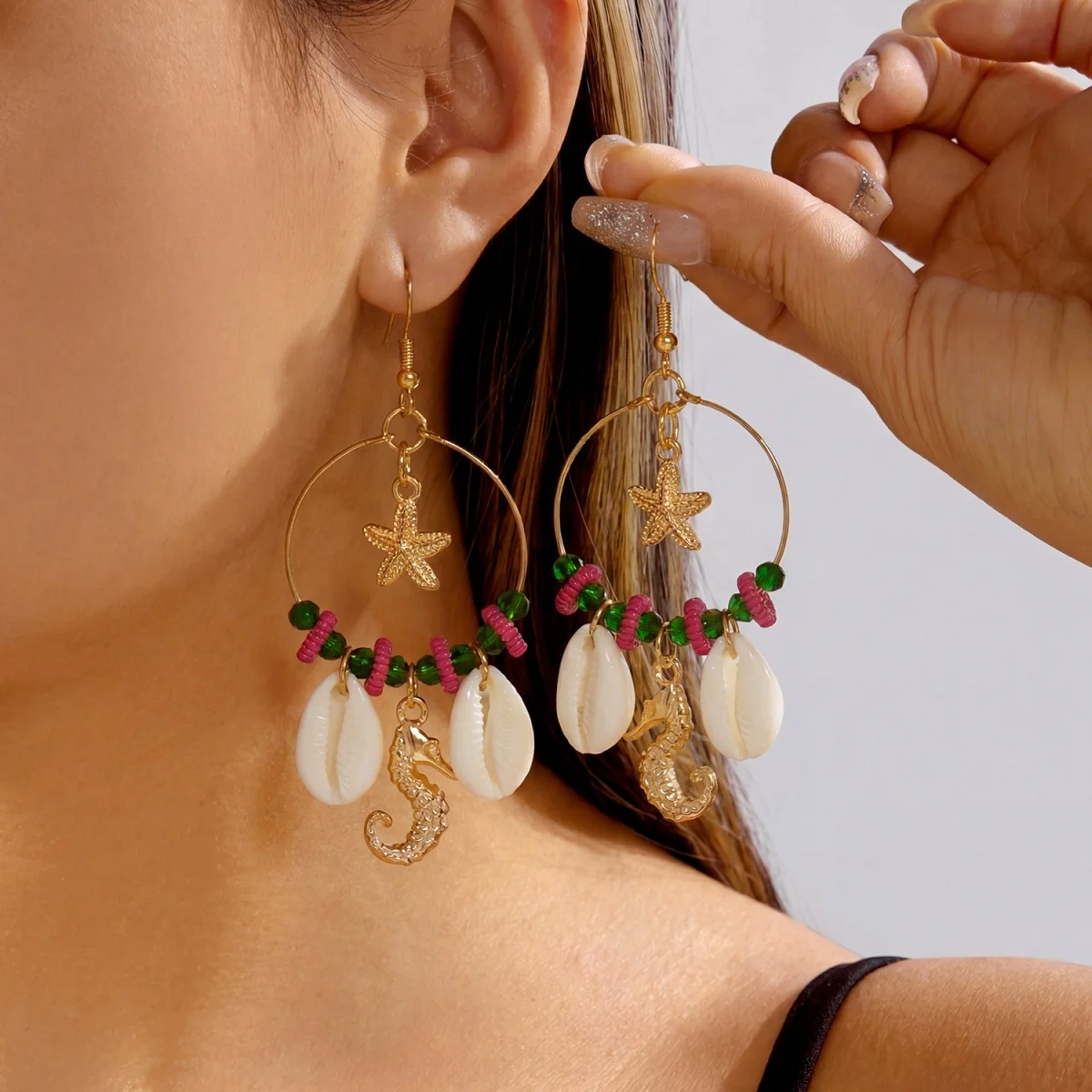 Kristall-Kreis Muschel Seestern Quasten-Ohrringe für Damen und Herren Boho Ozean Seepferdchen Ohrringe Trendiger Sommer-Strandschmuck – Detail 12