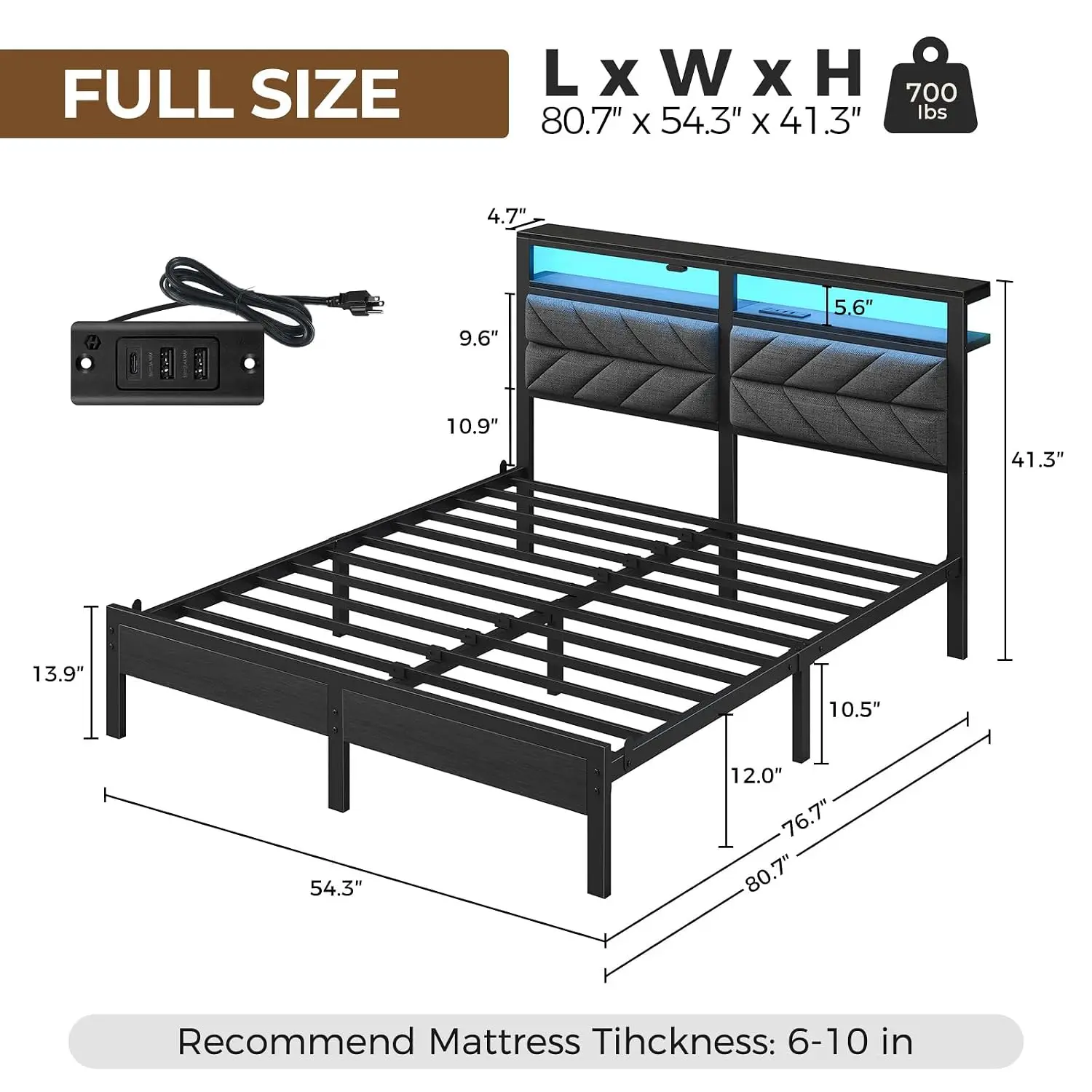 Full Size Upholstered Bed Frame Storage Headboard LED Lights Charging Station No Box Spring Noise Free Easy Assembly, Customized