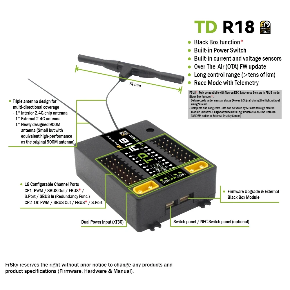 FrSky TD R18 OTA 2.4G 900M 18CH Tandem ثنائي النطاق استقبال الكمون المنخفض طويلة المدى المدمج في مفتاح الطاقة مستشعر الجهد الحالي #2