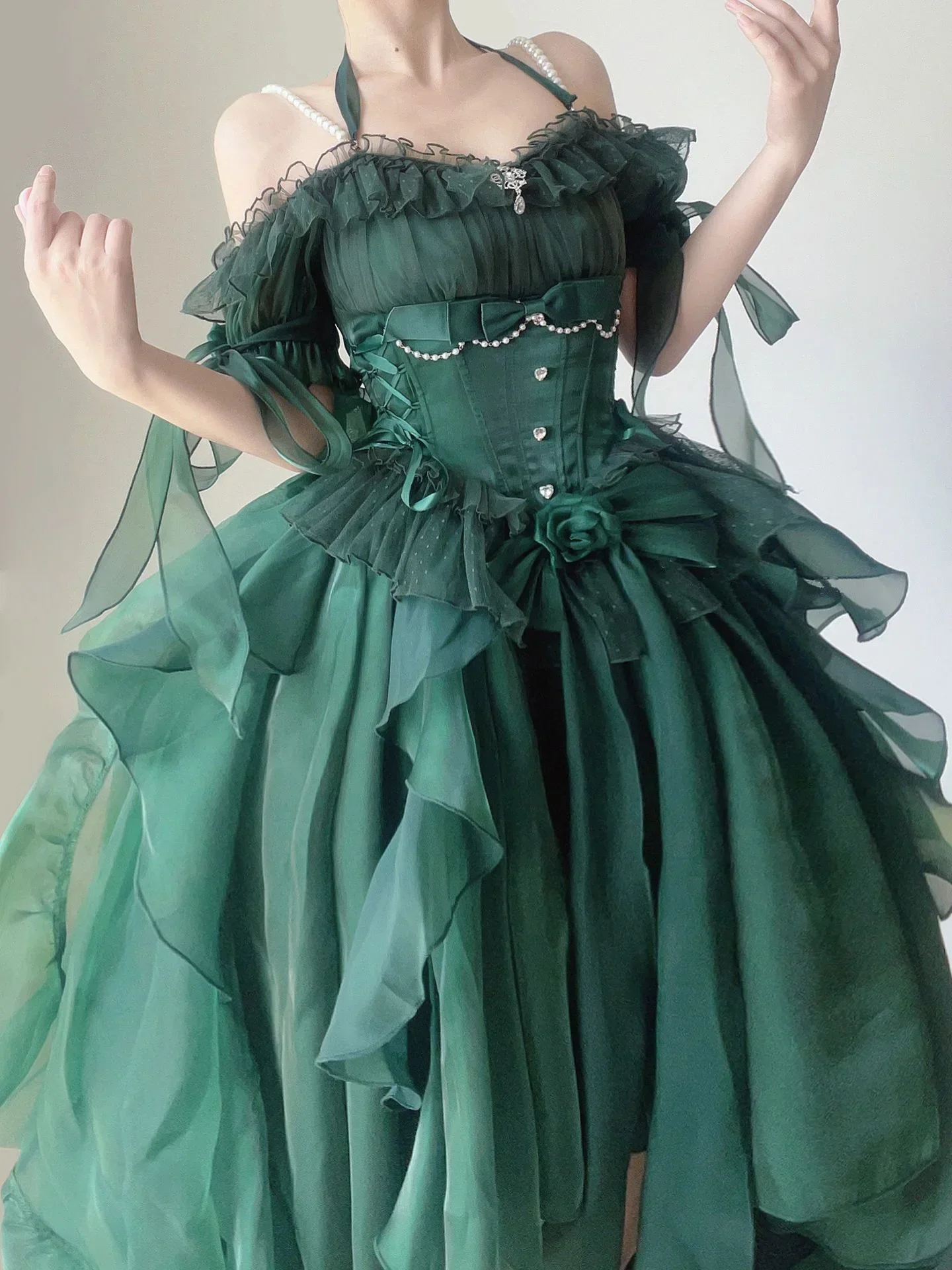 Green Flower Wedding Dress Cos Lolita Dress Op Dress Lolita Heavy Industry Trail Puffy Princess Dress, Lolita Cosplay