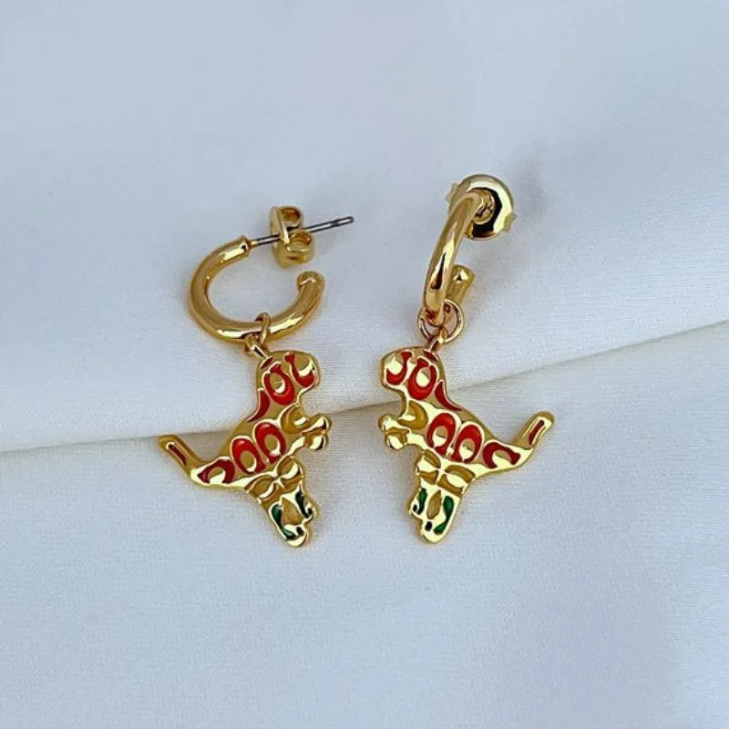 

New Fashion Kawaii Light Luxury Temperament Enamel Inlaid Small Dinosaur Pendant Cute Earrings for Women Little C-shaped Hoops