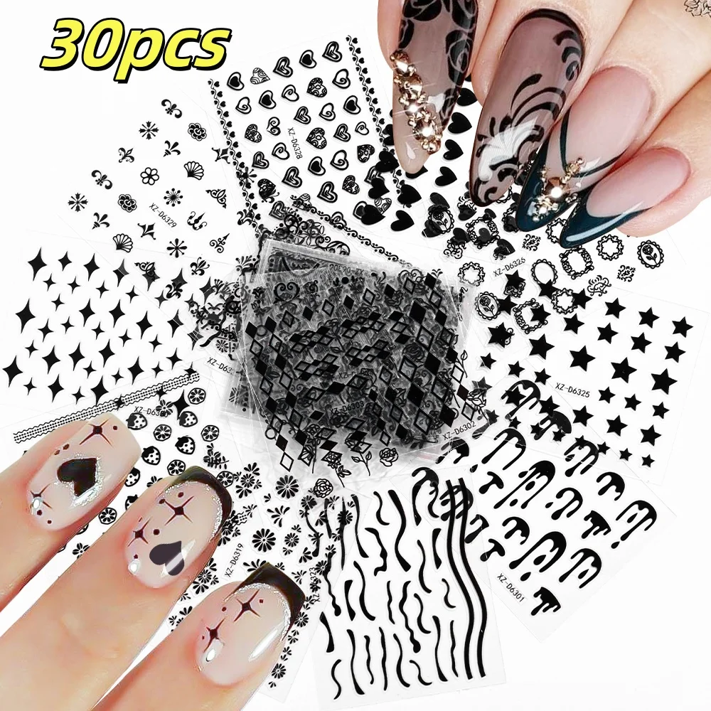 สติกเกอร์ติดเล็บลายดอกกุหลาบและเดซี่สีดำสุดหรู 30 ชิ้น แบบติดเอง ลายดอกไม้ สำหรับตกแต่งเล็บสไตล์สาวหวาน