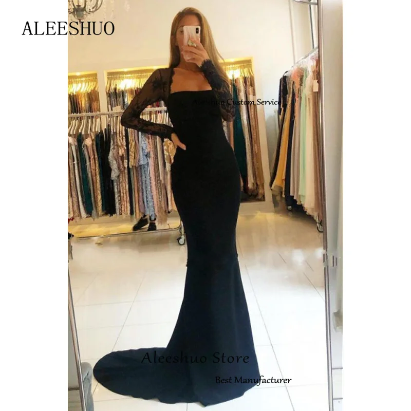 Aleeshuo Sexy Zwarte Zeemeermin Avondjurken Tule Lange Mouwen Backless Kanten Prom Dress Sweep Train Cocktail Party Jurk Met Strik