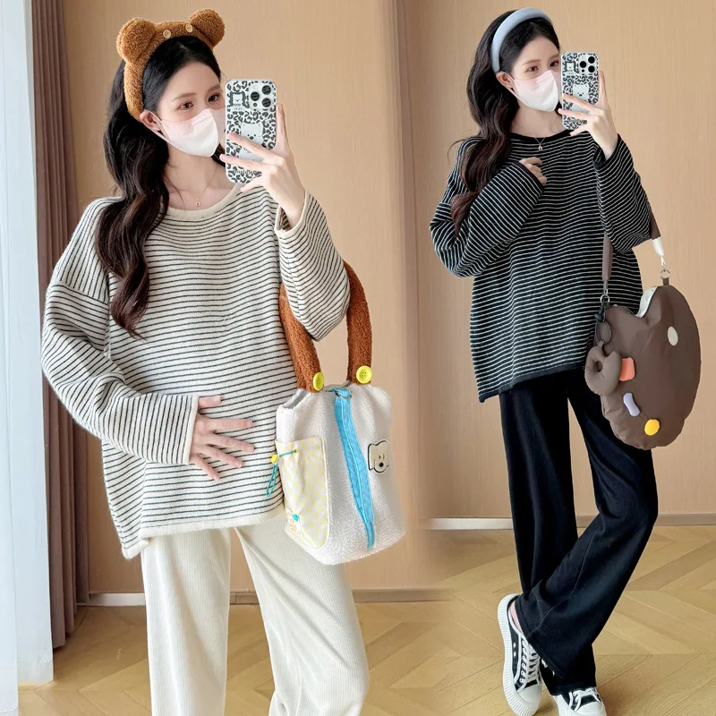 Maternity Sweater Autumn Winter New Arrival Lazy Style Casual Loose Slimming Versatile Crew Neck Striped Sweater For Pregnant