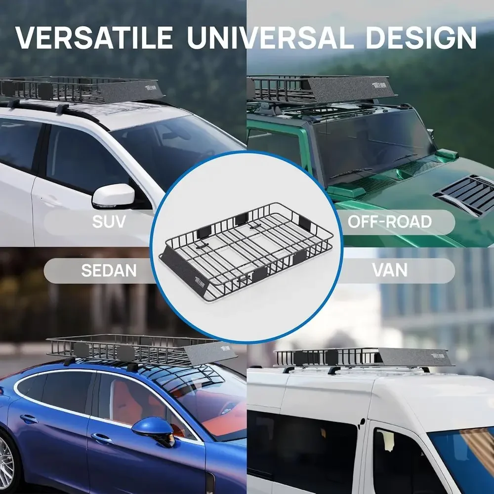 سلة حامل شحن على السطح قابلة للتمديد، سلة حامل سقف فولاذية عالمية مع شبكة + حقيبة تخزين + مسند للقدمين + أشرطة، شديدة التحمل