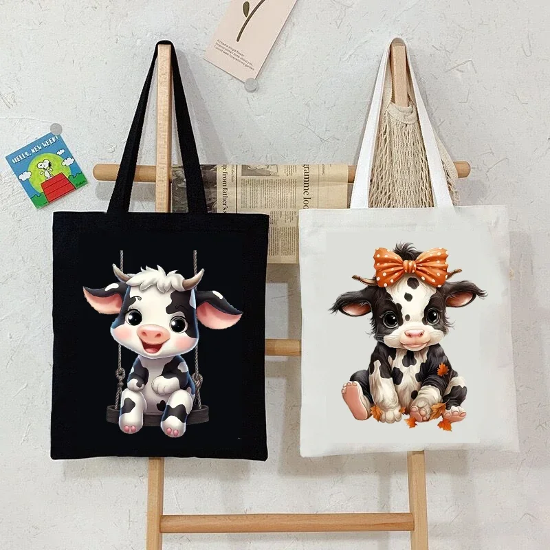 Cute Cow Print Canvas Tote Bag Women\'s Large Capacity Beach Shoulder Bag Student Casual Travel Shopping Bags Cartoon Cow Handbag