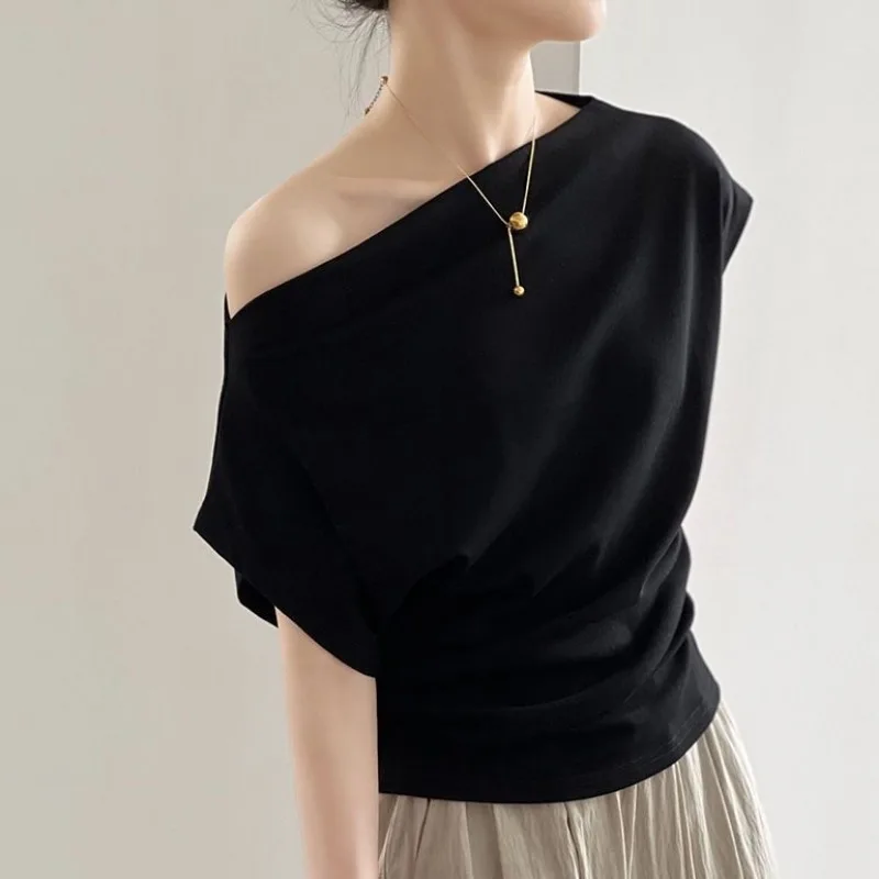 T-shirt con scollo a barchetta per donna elegante Design con spalle scoperte Solid Summer top manica corta moda donna abbigliamento Casual semplice