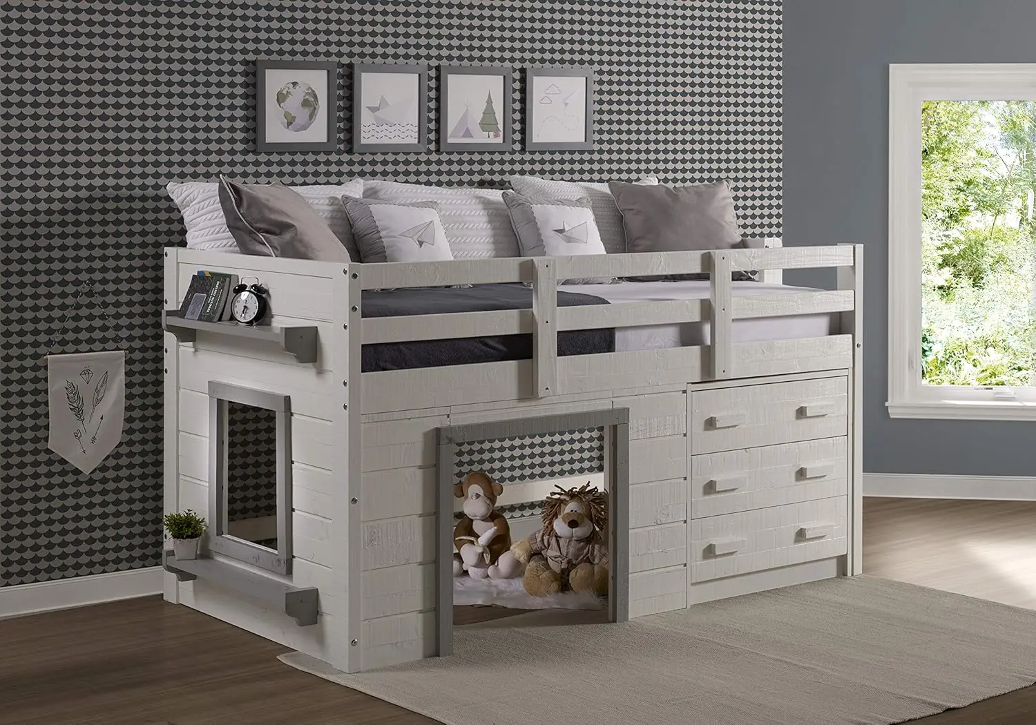 Sweet Dreams Distressed Twin Low Loft Bed In White And Grey Finish