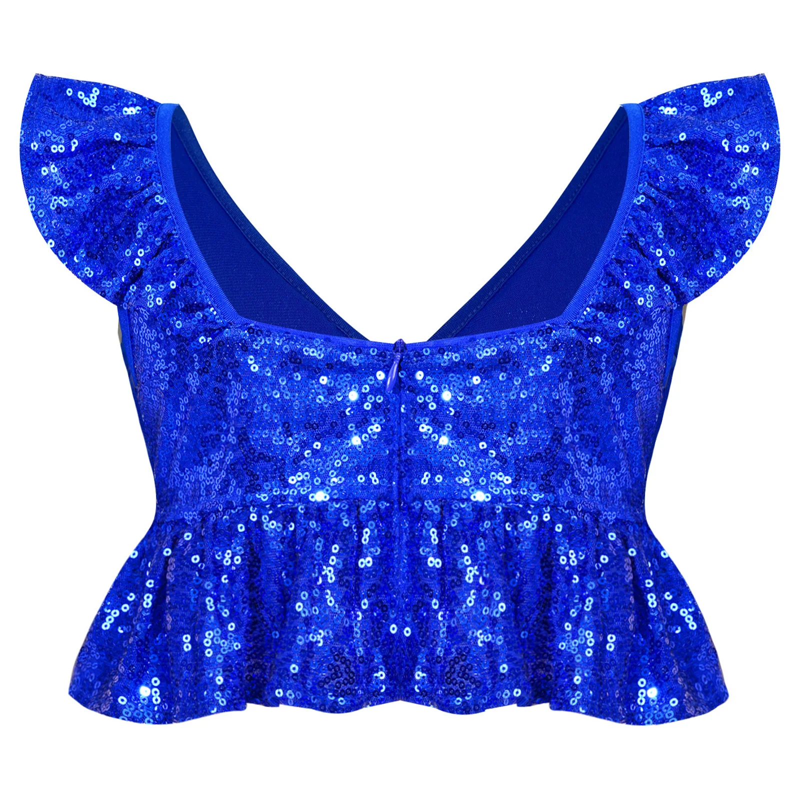 Kids Girls Sparkly Sequin Crop Top Vests V Neck Sleeveless Ruffled Back Zipper Fully Lined Tank Top Jazz Dance Stage Performance