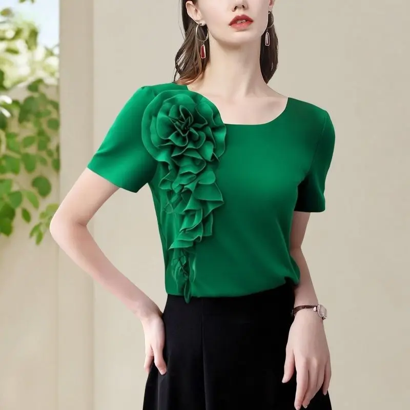 

T-shirt women's short-sleeved top three-dimensional big flower crew neck shirt celebrity design sense 2025 summer