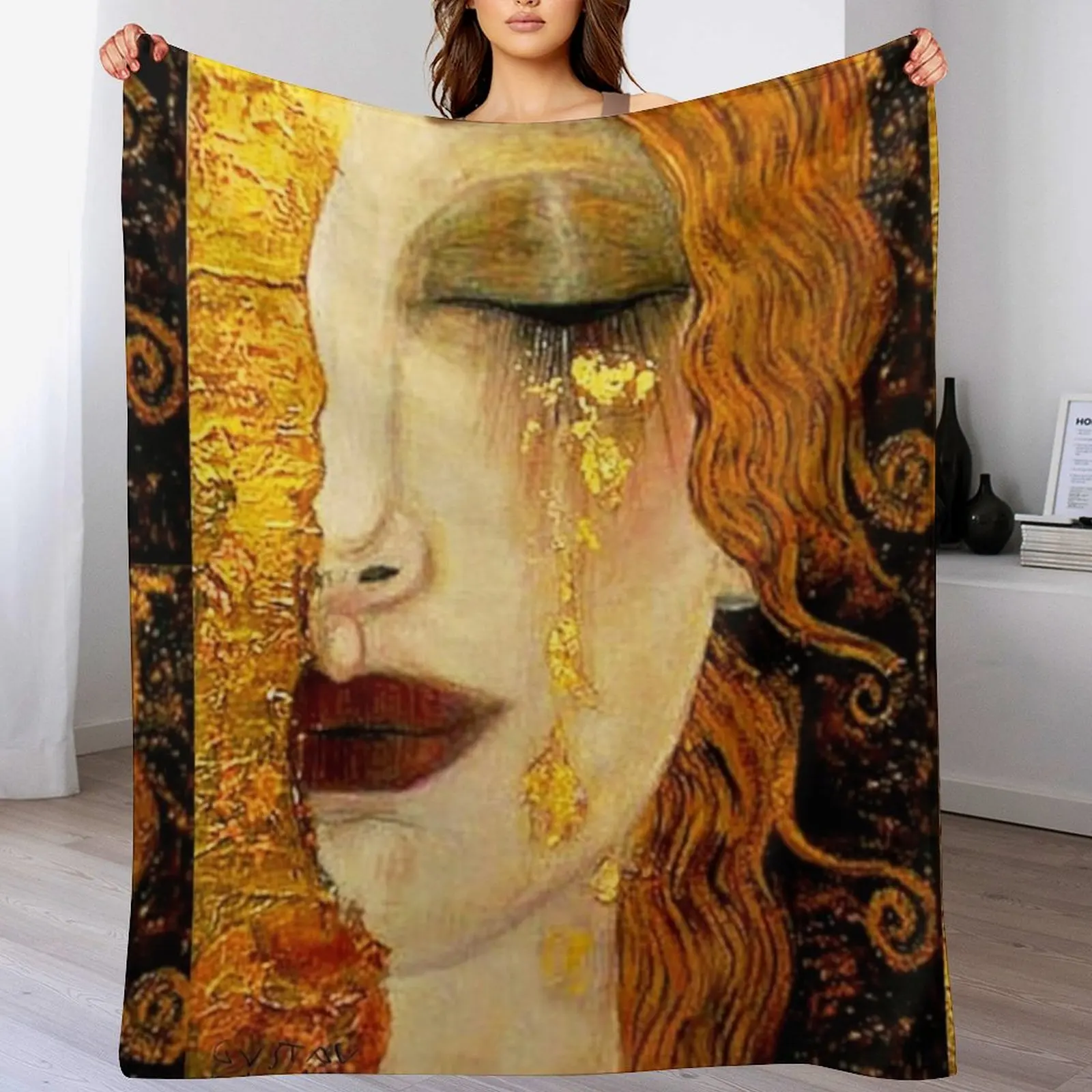 Gustav Klimt Freya's Tears w/Signature| Women's Grief Art Nouveau Throw Blanket Hairy Decorative Sofa Blankets