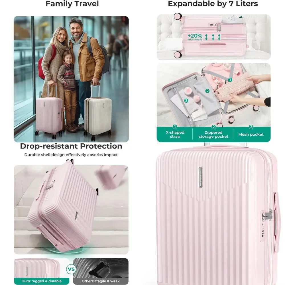 

Расширяемый чемодан с твердым спиннером 20, замок TSA, одобренный авиакомпанией, розовый чемодан для путешествий