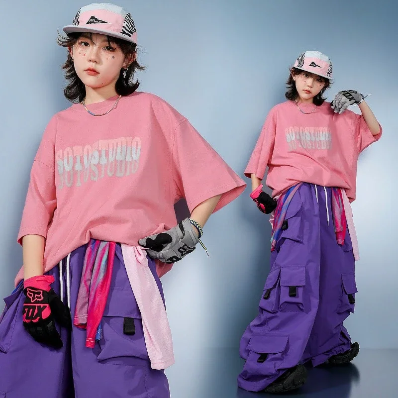 

Boys Hip Hop Clothes Set Jazz Street Dance Costume Casual Short Sleeve T Shirt Purple Pants Group Ballroom Dancewear Clothing