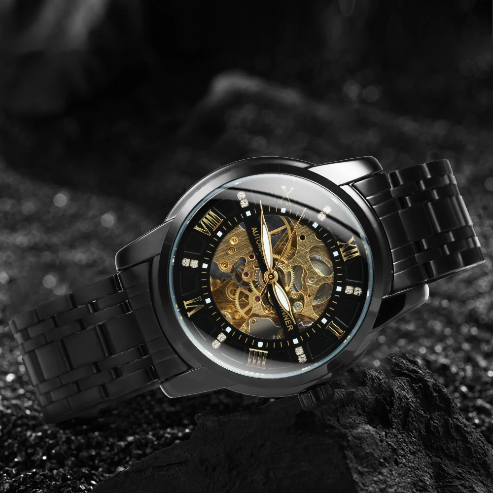 ПОБЕДИТЕЛЬ Бизнес Механические часы со скелетом для мужчин Черный ремешок из нержавеющей стали Модные мужские часы Лучший бренд Роскошные наручные часы