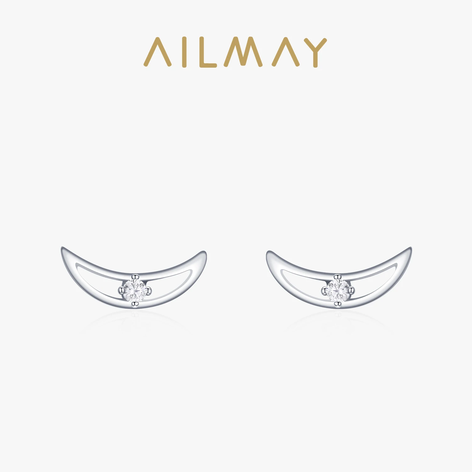 Ailmay Simple Moon Clear Zircon Stud Earrings For Women Classic Minimalist 925 Sterling Silver Fine Fashion Jewelry