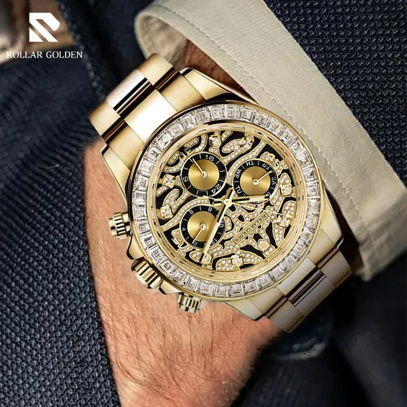 Men's Automatic Mechanical Watch Business Casual Luxury Gold Plated Diamond Watch Fashionable High-End Wristwatch