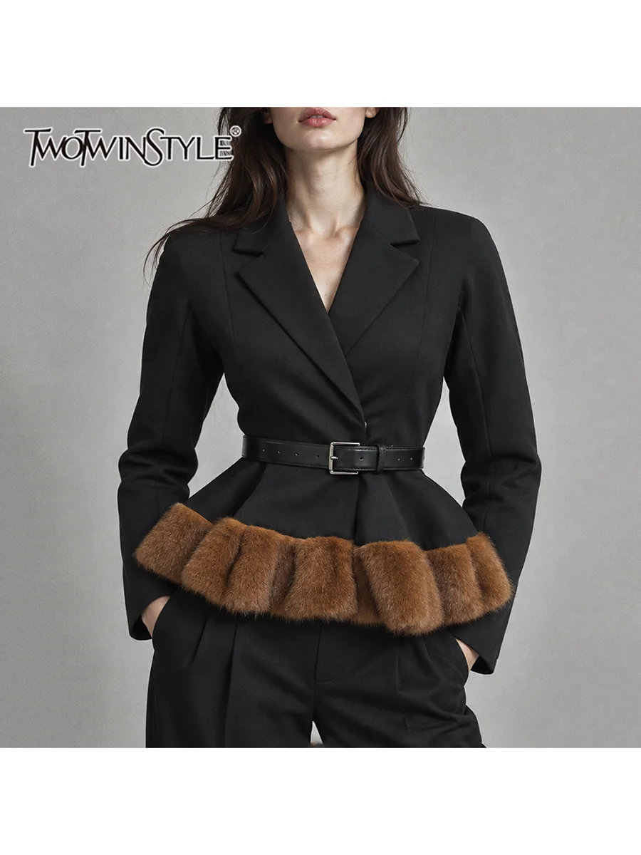 TWOTWINSTYLE Fluffy Hem Spliced Belted Waist Slimming Blazer for Women Lapel Collar Long Sleeve Patchwork Button Jacket Female