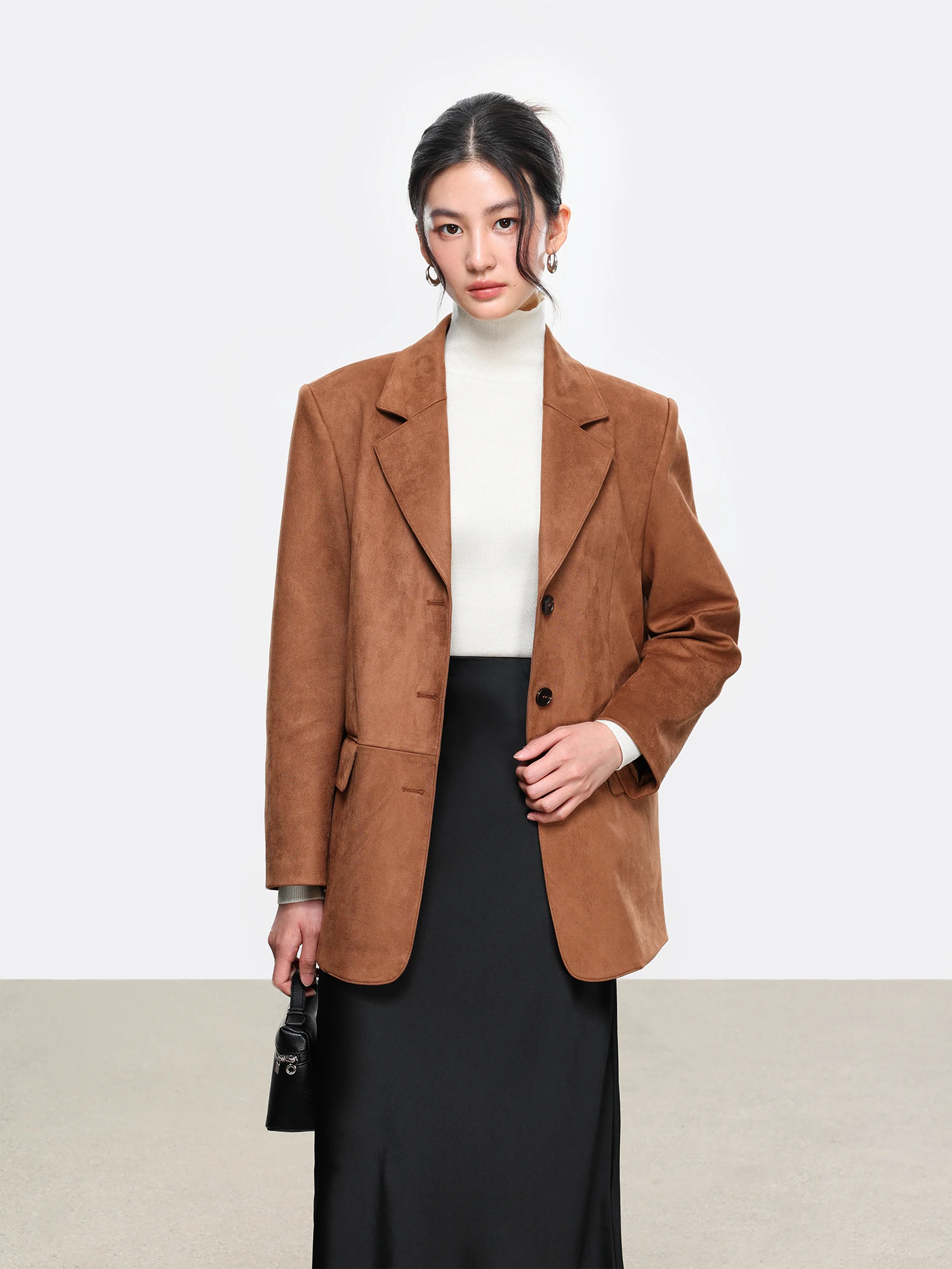 

Caramel Brown Leather Velvet Suit Jaet Women's Micro oulder Wide Casual Sle Polyester Fiber Long Sve Medium Length