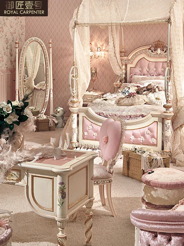 Italy European Style Solid Wood French Girl Bed with Pink Princess Mosquito Net Rod Painted 1.2m 1.5m for Children's Bedroom