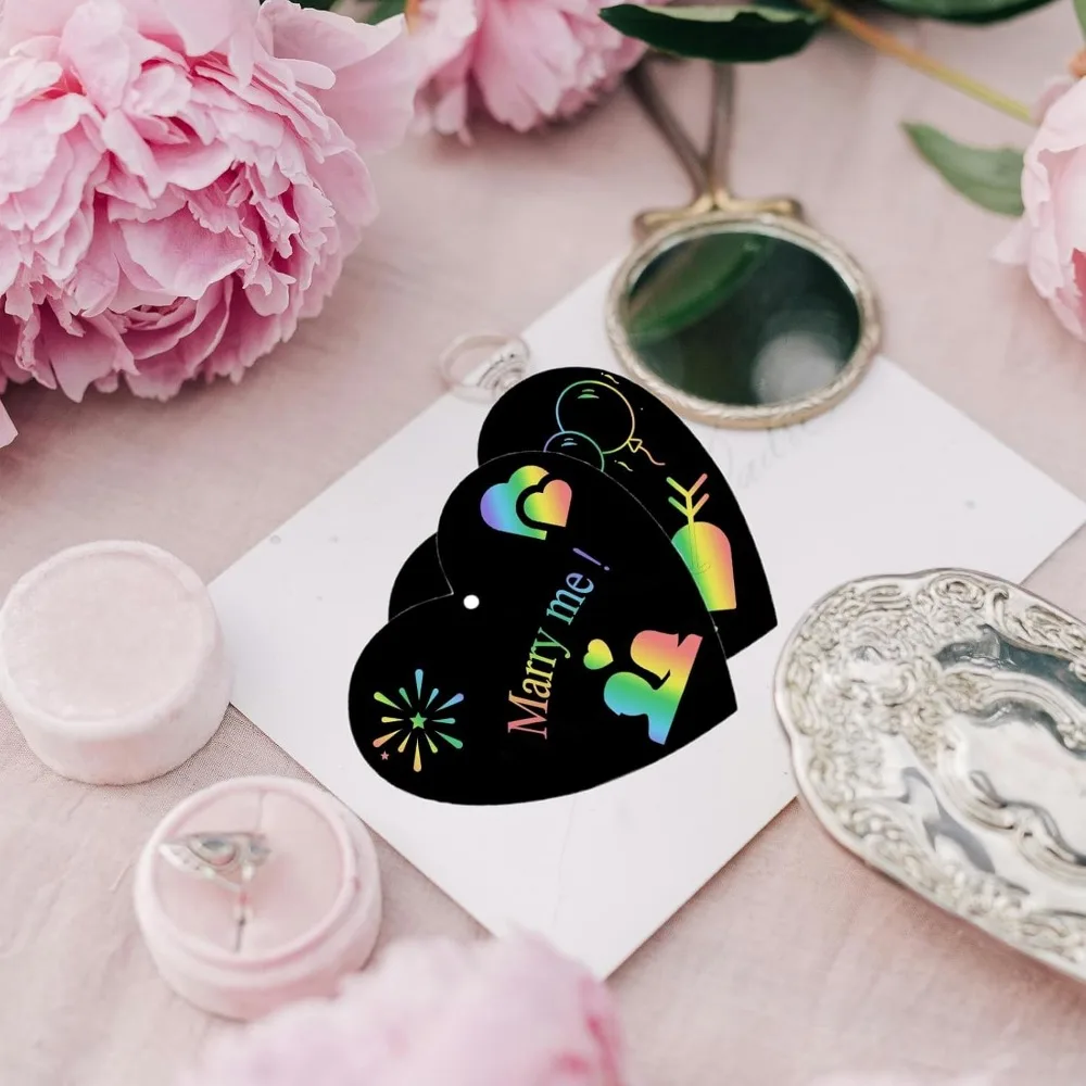 50 rainbow scratch paper, 10 wooden scratch paper sticks and 50 red heart-shaped scratch paper cards