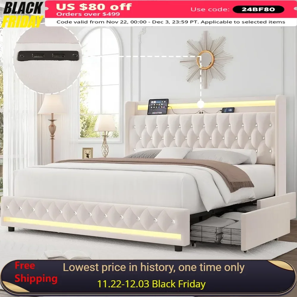 Queen Size Bed Frame with Charging Station and 4 Storage Drawers, Velvet Upholstered Platform Bed