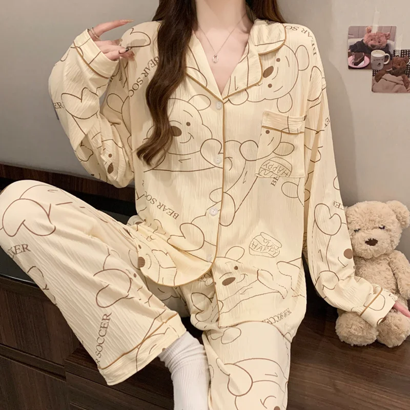 Disney Spring and Autumn Winnie the Pooh cute long-sleeved pajamas female cartoon casual lapel cardigan loungewear set