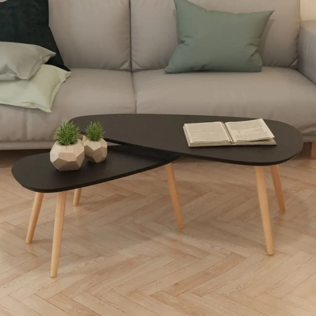 Wood Black Coffe Table Coffee Tables Set for Living Room Tables Home Decor 2 Pieces Solid Pinewood Black