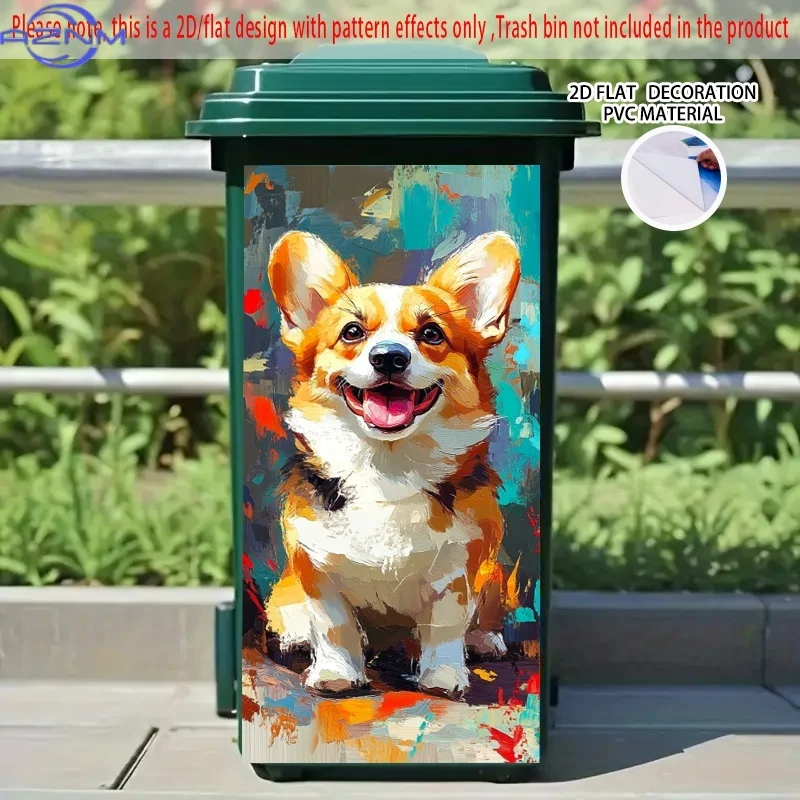1pc 2D/FLAT, Self-Adhesive Dustbin Stickers, .01xcm, Impressionist Style Corgi Painting Pattern, Creative Trash Bin Stickers,