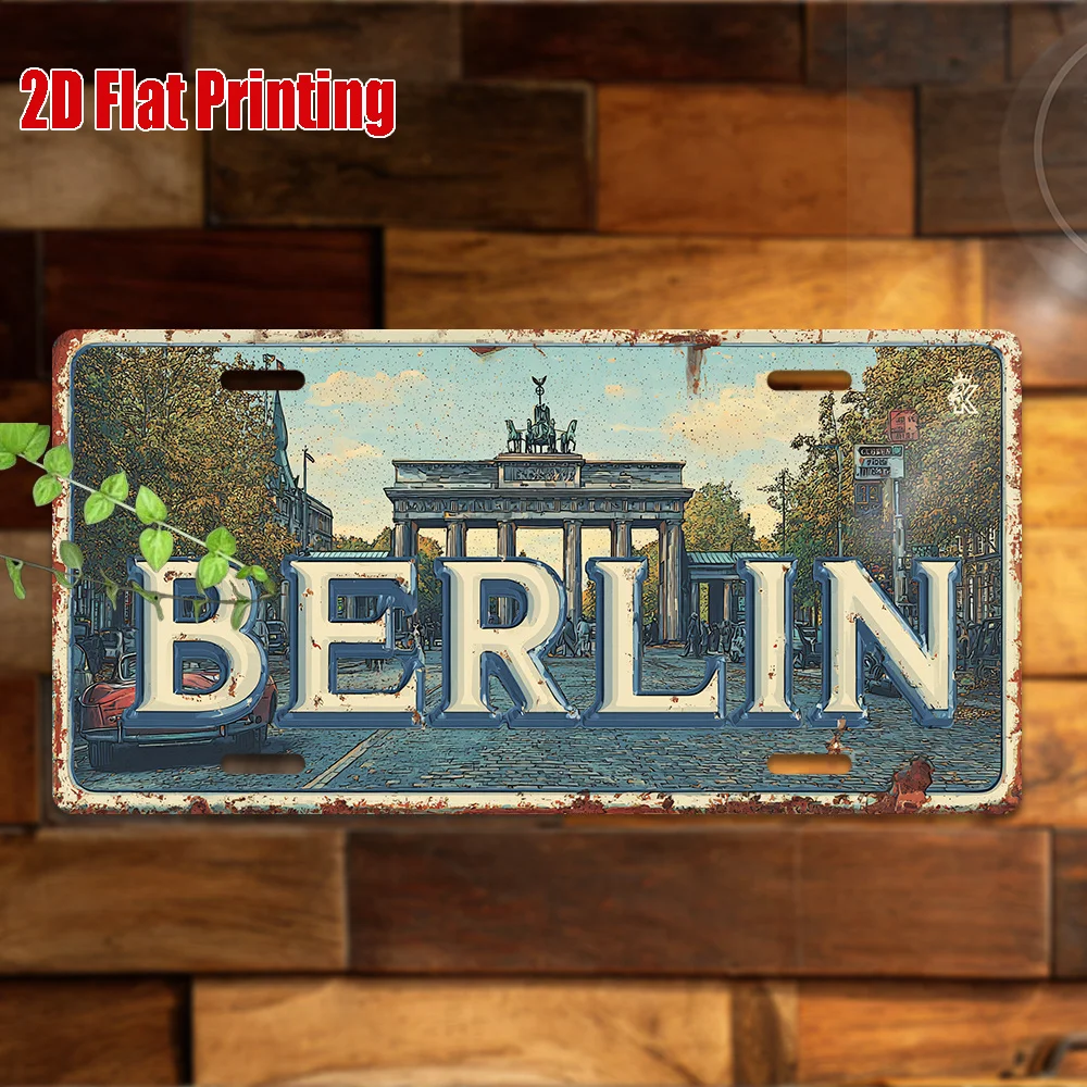 Letrero Metálico Estilo Matrícula con Ilustración Retro 2D del Puerta de Brandemburgo de Berlín, Decoración Temática de la Capital Alemana